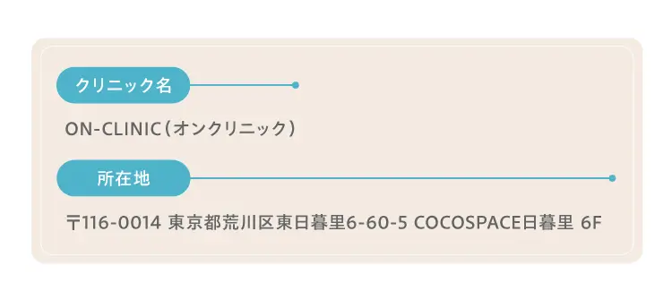 クリニック名：ON-CLINIC（オンクリニック）、お問い合わせ先：03-5615-2341、所在地：〒116-0014 東京都荒川区東日暮里6-60-5 COCOSPACE日暮里 6F