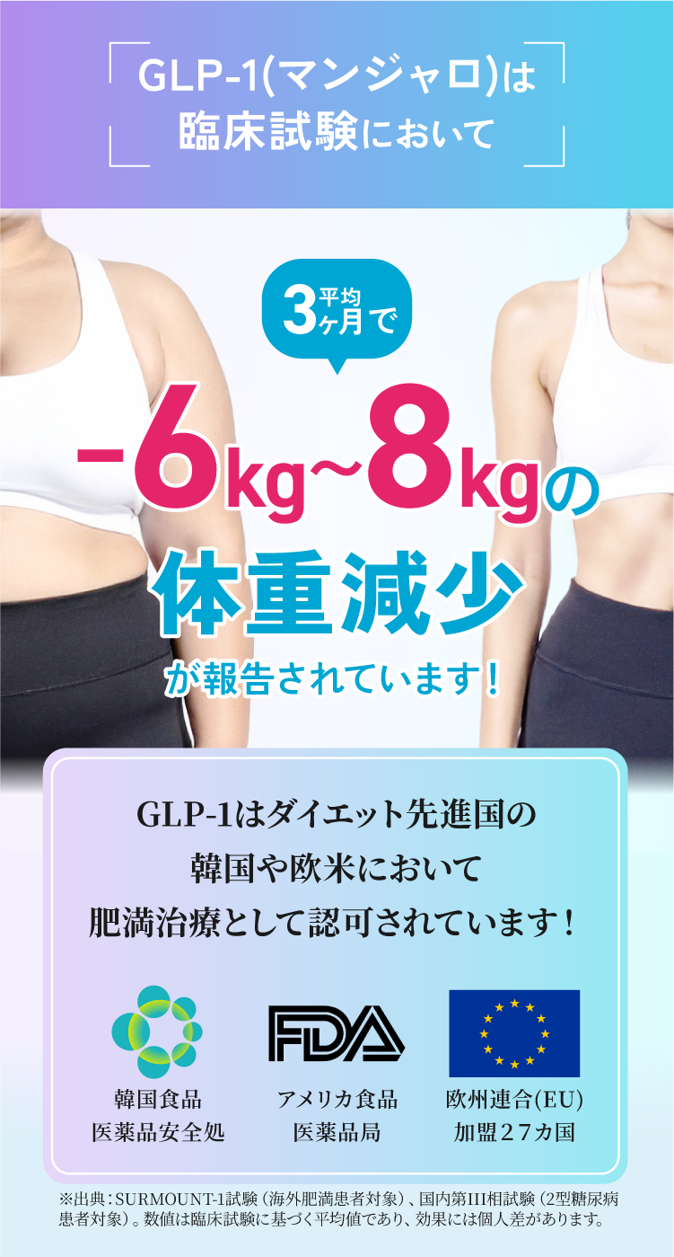 ３ヶ月で-6~8kgの体重減少が報告されています！