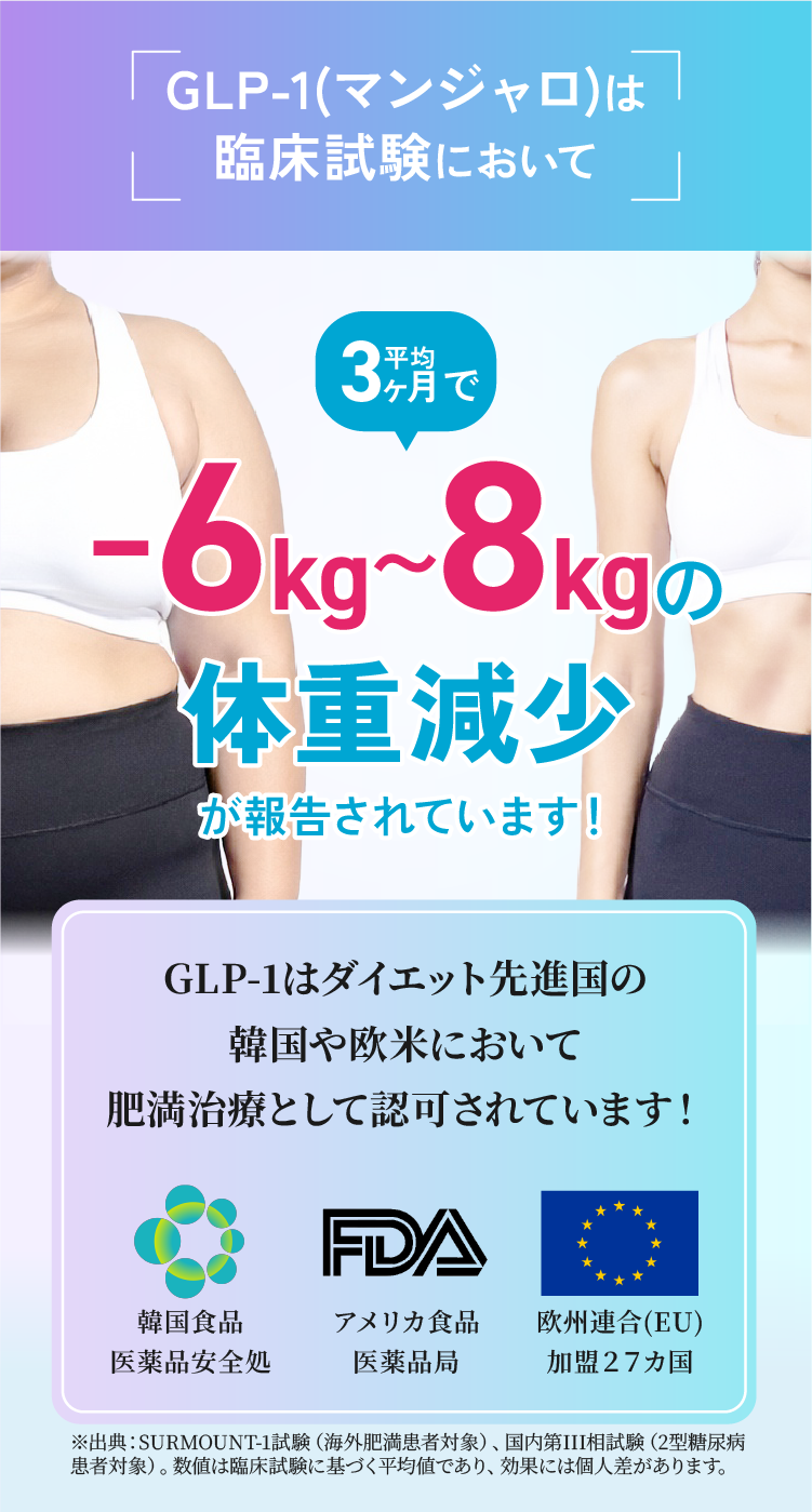 ３ヶ月で-6~8kgの体重減少が報告されています！