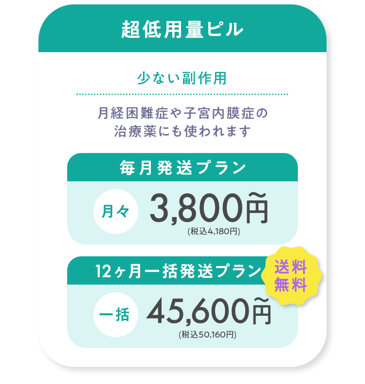 超低用量ピル 毎月発送プラン月々3,800円(税込4,180円) 12ヶ月一括発送プラン一括45,600円(税込50,160円)~送料無料