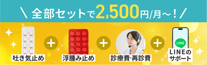 吐き気止め、浮腫み止め、診療費・再診費・LINEのサポート、全部セットで2,500円/月〜！