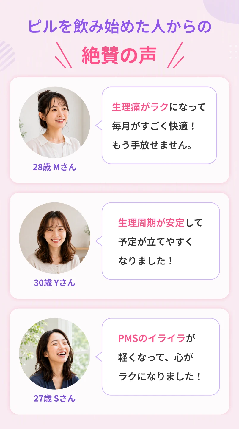 ピルを飲み始めた人からの ＼絶賛の声／ 28歳 Mさん 生理痛がラクになって 毎月がすごく快適！ もう手放せません。 30歳 Yさん 生理周期が安定して 予定が立てやすく なりました！ 27歳 Sさん PMSのイライラが 軽くなって、心が ラクになりました！