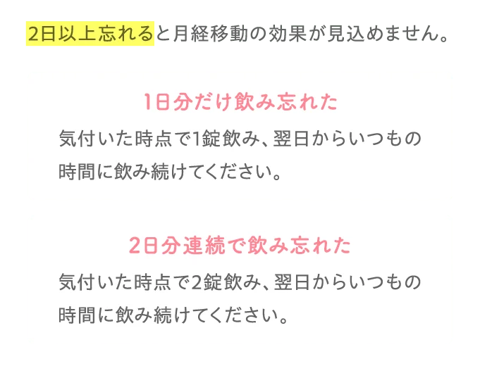 2日以上忘れると月経移動の効果が見込めません。...
