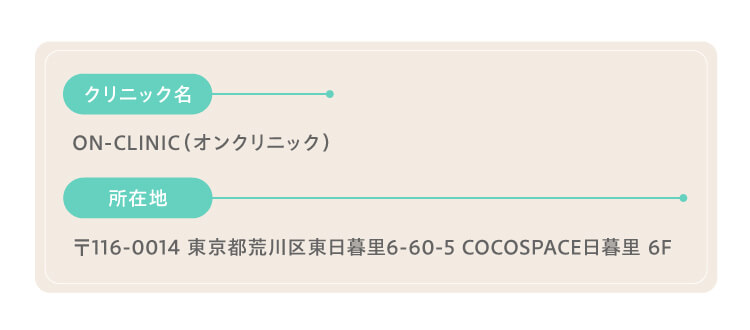 クリニック名：ON-CLINIC（オンクリニック）、所在地：〒116-0014 東京都荒川区東日暮里6-60-5 COCOSPACE日暮里 6F