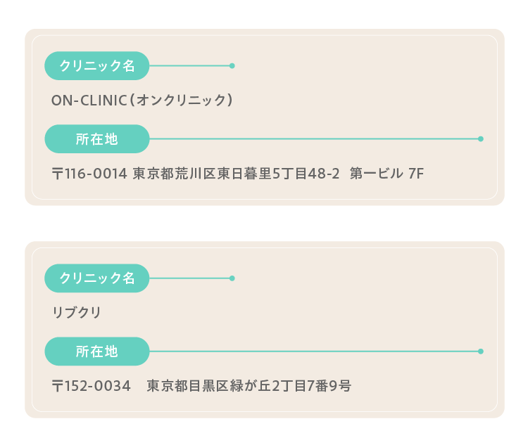 クリニック名：ON-CLINIC（オンクリニック）、所在地：〒116-0014 東京都荒川区東日暮里5丁目48-2 第一ビル 7F, クリニック名：リブクリ、所在地：〒152-0034 東京都目黒区緑が丘2丁目7番9号
