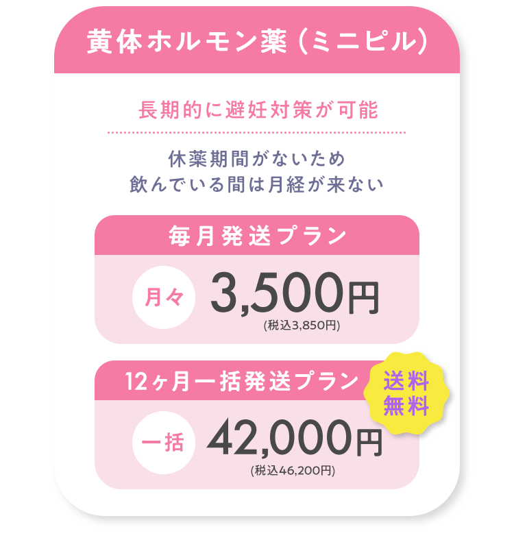 黄体ホルモン薬（ミニピル）毎月発送プラン月々3,500円(税込3,850円) 12ヶ月一括発送プラン一括42,000円(税込46,200円)送料無料