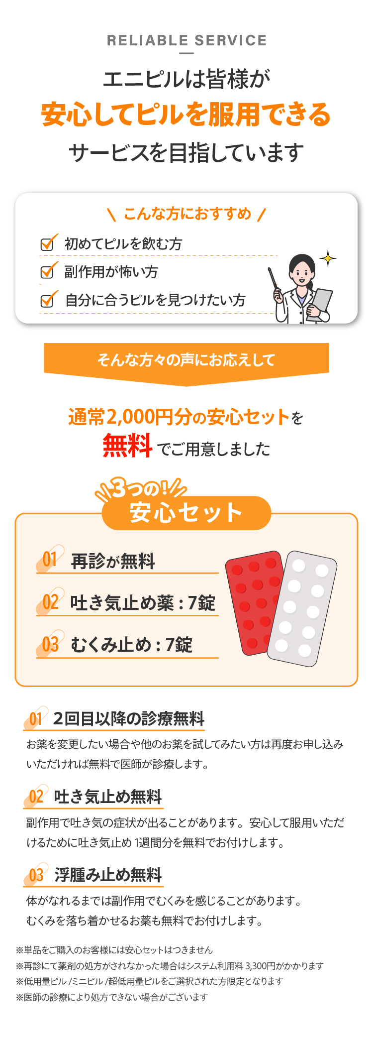 エニピルは皆様が安心して服用できるサービスを目指しています 安心セット 01最新が無料 02吐き気止め薬7錠 03むくみ止め薬7錠