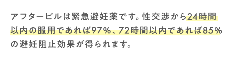 アフターピルは緊急避妊薬です。性交渉から24時間以内の服用であれば97%、72時間以内であれば85%の避妊阻止効果が得られます。