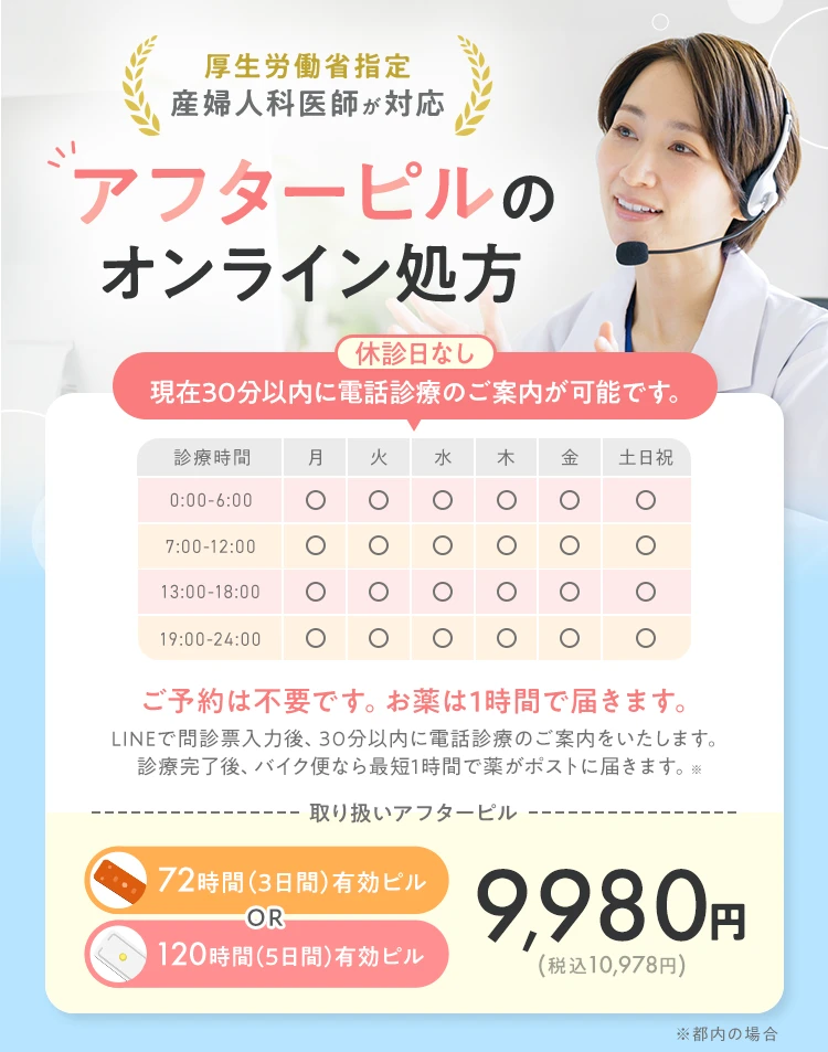 厚生労働省指定 産婦人科医師が対応 アフターピルのオンライン処方