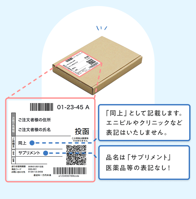 「同上」として記載します。エニピルやクリニックなど表記はいたしません。 品名は「サプリメント」医薬品等の表記なし！