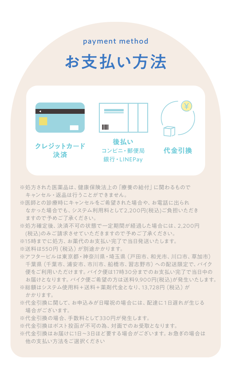 お支払い方法 クレジットカード決済or後払いコンビニ・郵便局銀行・LINEPay 代金引換