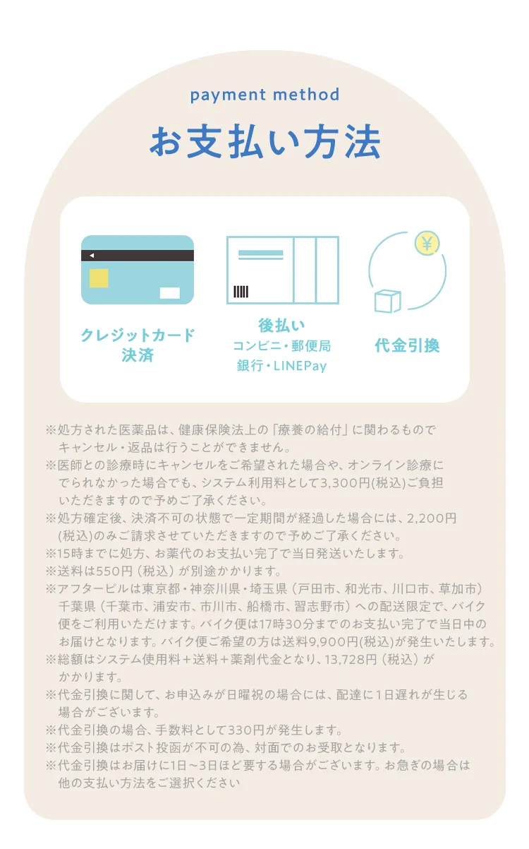 お支払い方法 クレジットカード決済or後払いコンビニ・郵便局銀行・LINEPay 代金引換