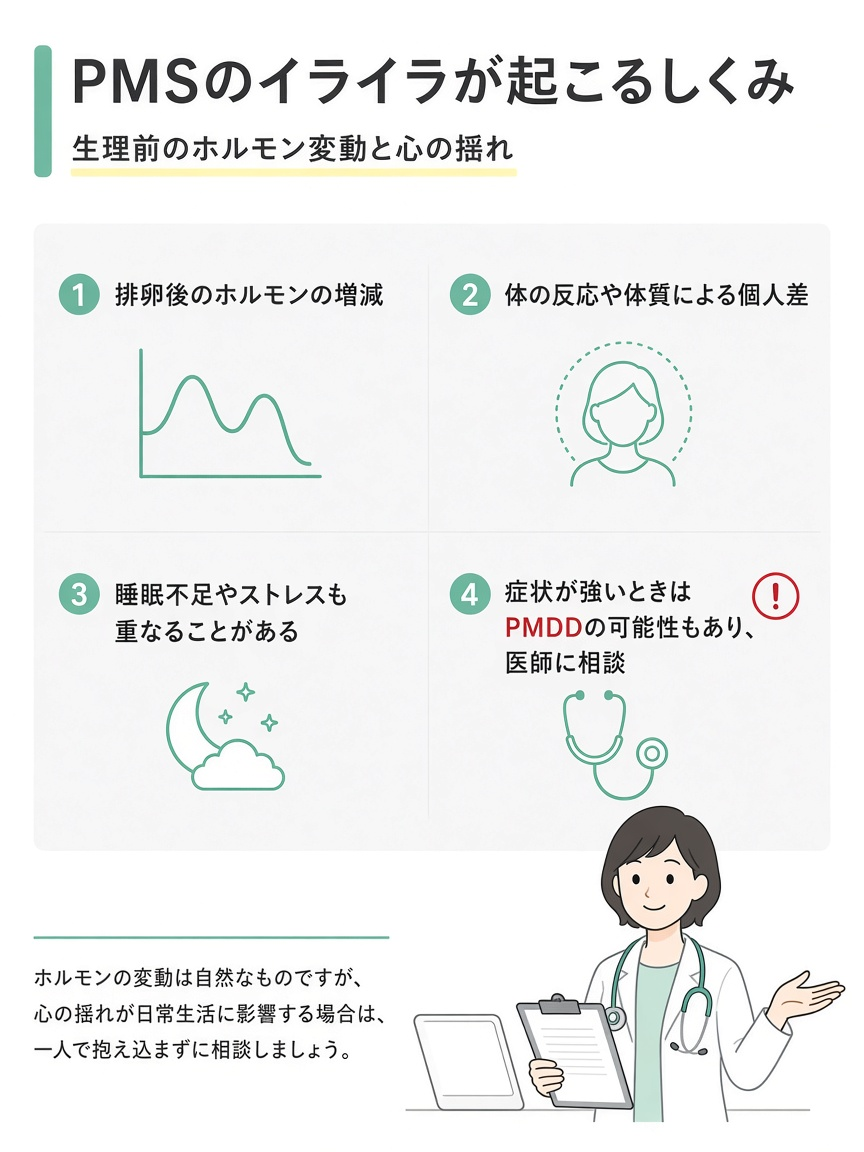 生理前のホルモン変動からPMSのイライラが起こるまでの流れを医師が解説する図解