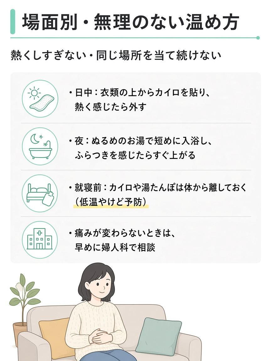 仕事中や夜の自宅など、場面ごとに無理なく体を温める工夫を示した図解